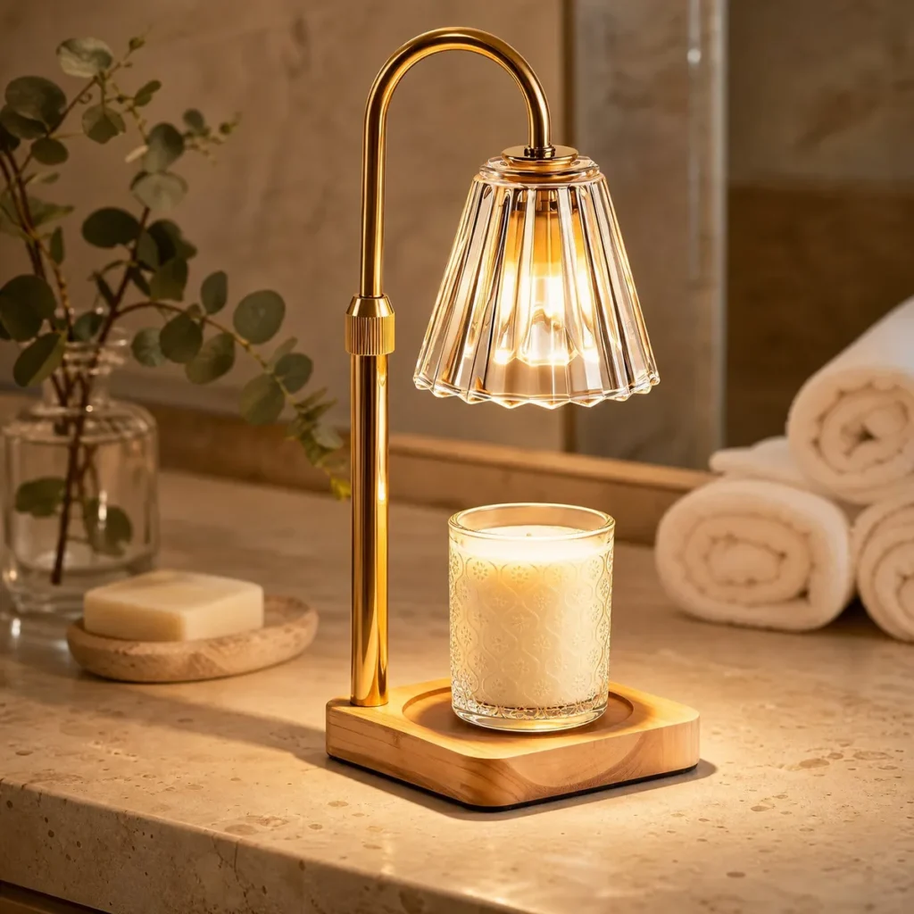 Adjustable Height Candle Warmer Lamp (Gold / Crystal Fluted) in a bathroom
