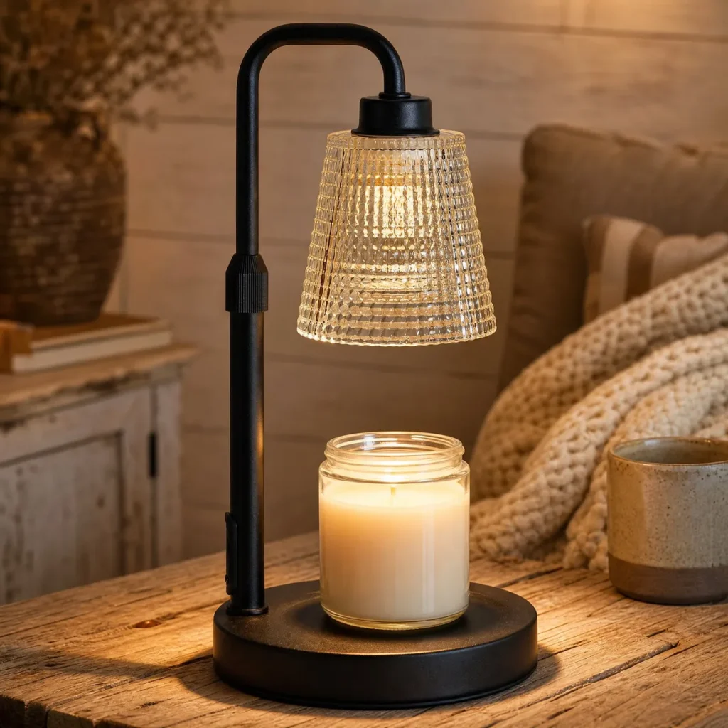 Bubble Glass Hook Candle Warmer Lamp (Black / Clear Glass) in a living room