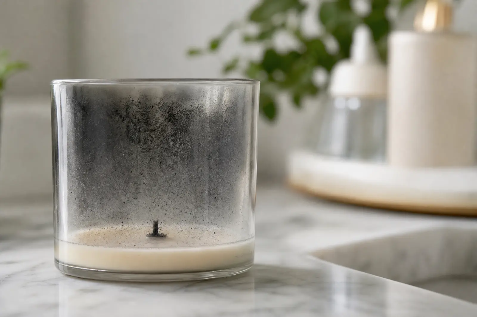 Finished jar candle with about half an inch of wax left at the bottom and black soot on the glass