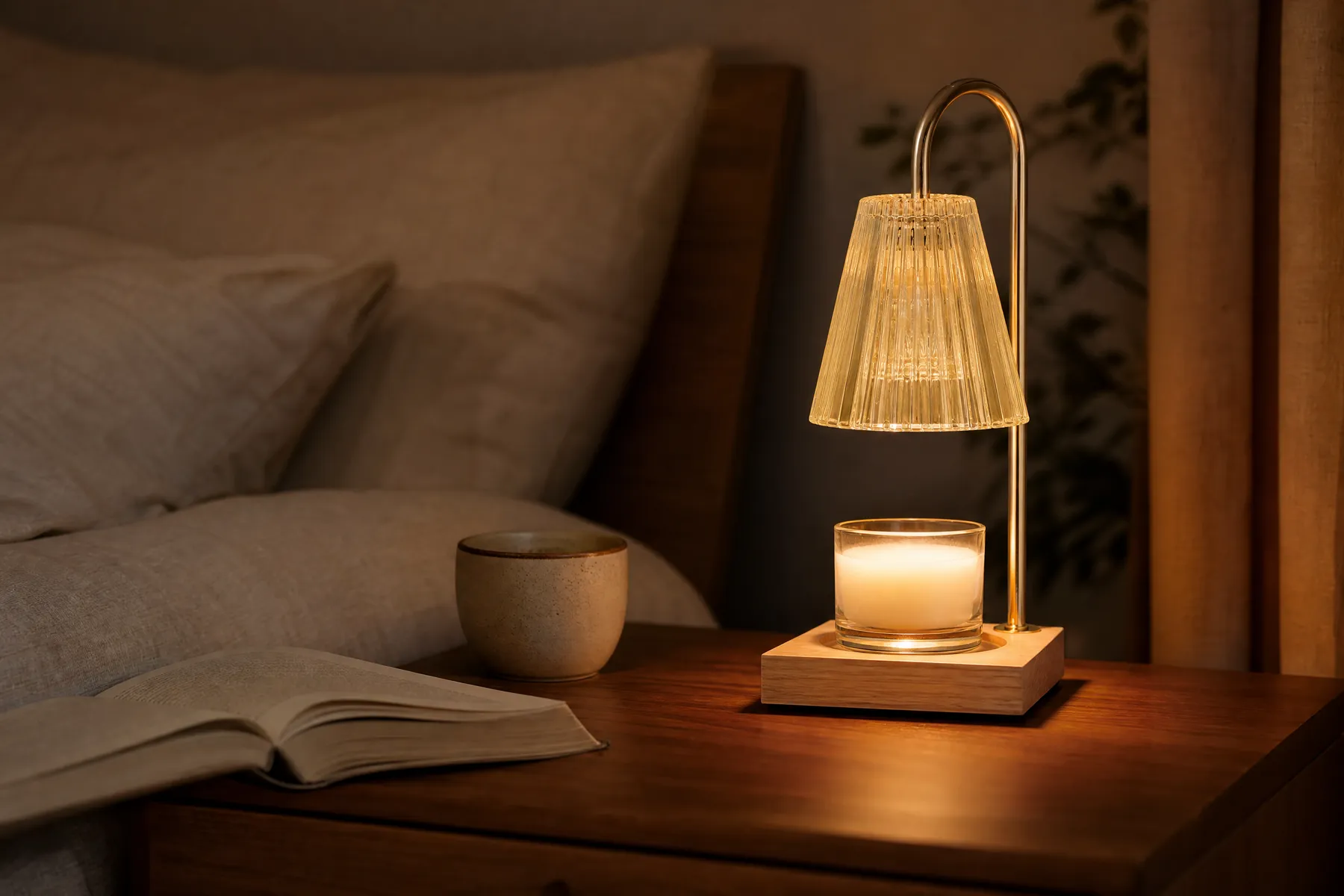 Amber glass candle warmer lamp glowing on a bedside table at night