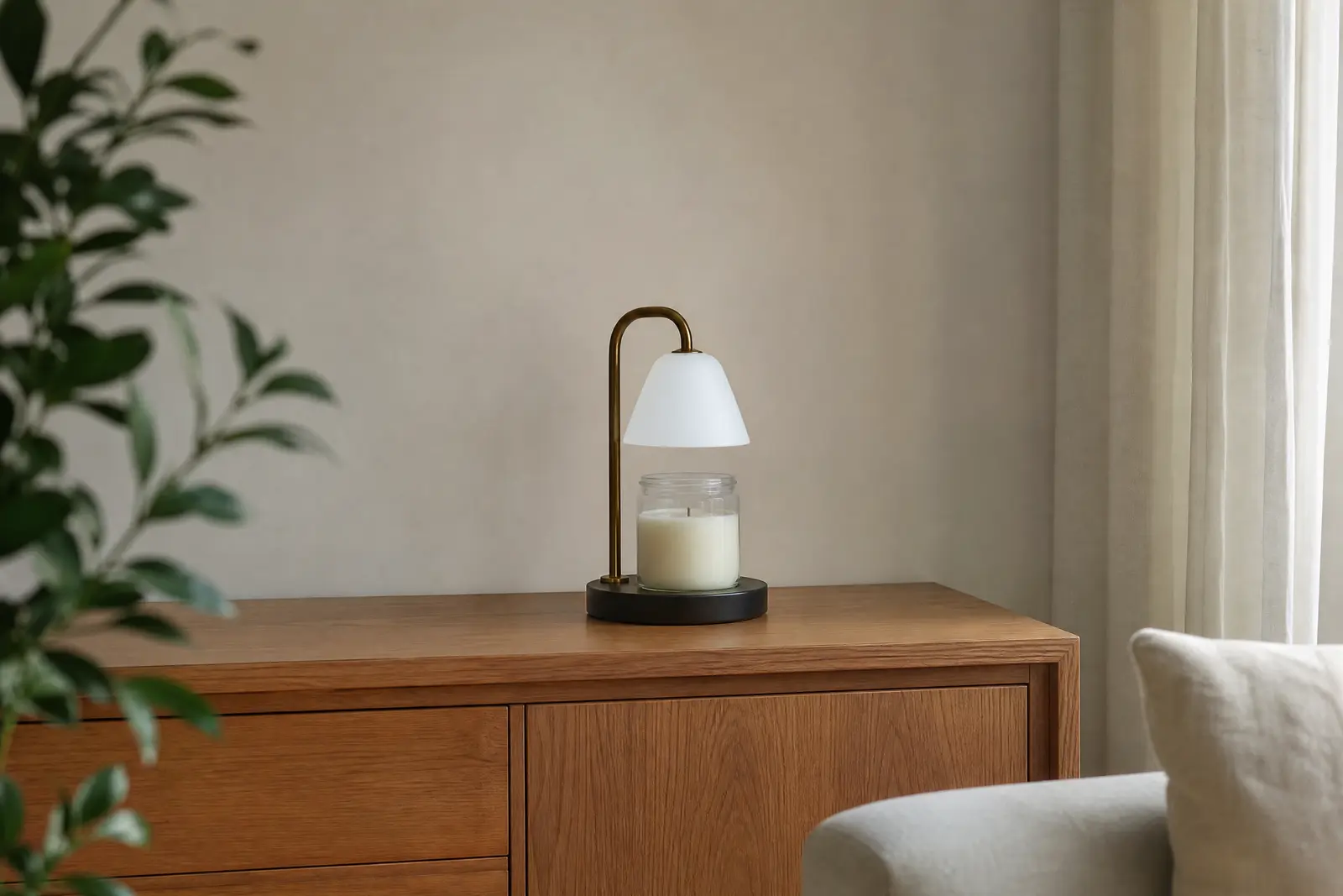 Candle warmer lamp in the middle of a wide wooden sideboard with open space around it and the cord tucked behind