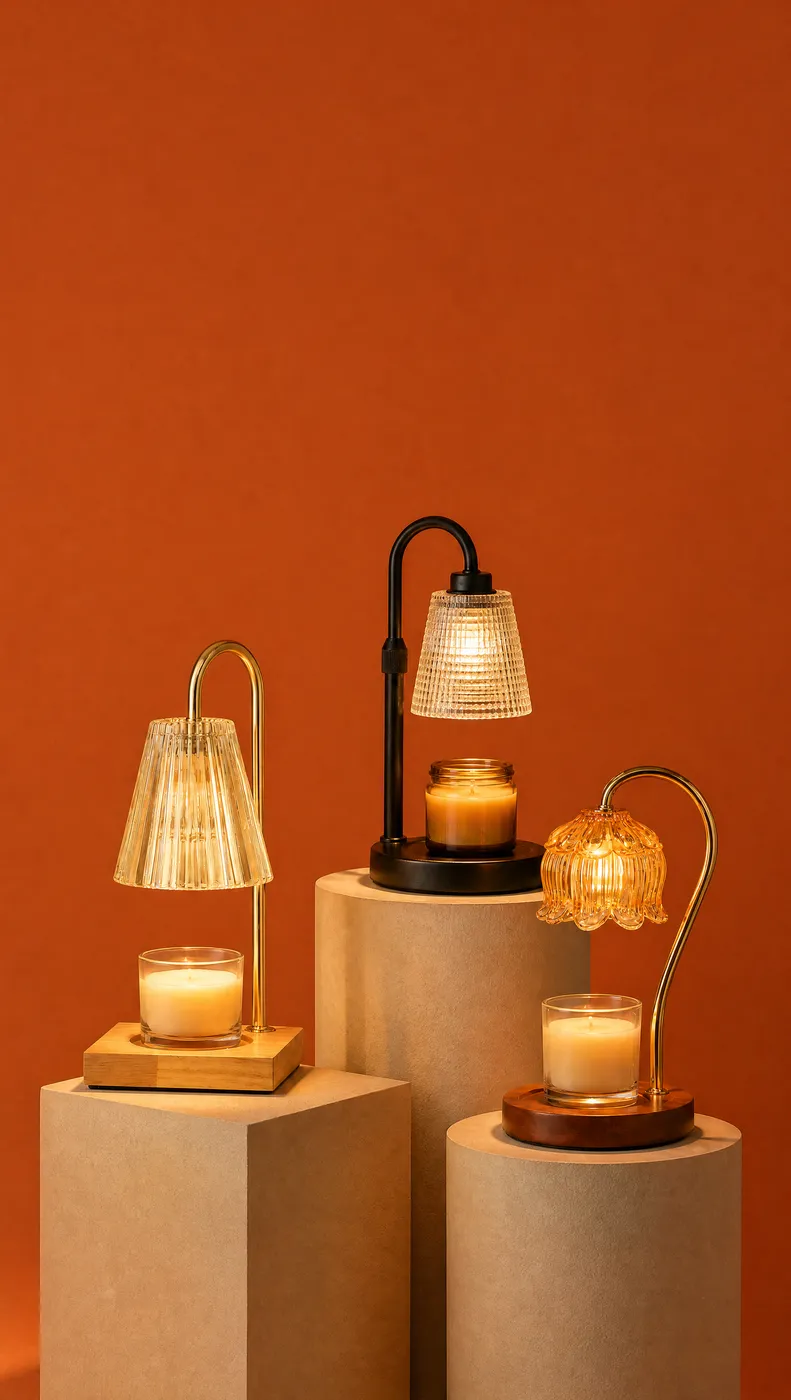 Three glowing candle warmer lamps on plinths of different heights