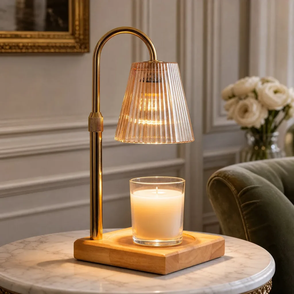 Champagne Pleated Glass Candle Warmer Lamp (Gold / Light Wood) in a living room