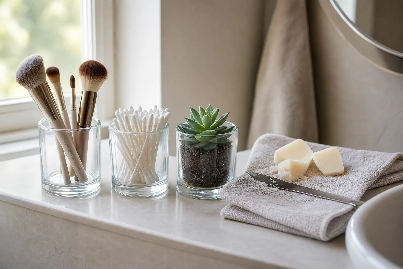 Clean empty candle jars reused for makeup brushes, cotton swabs and a small plant, with leftover wax chunks beside them