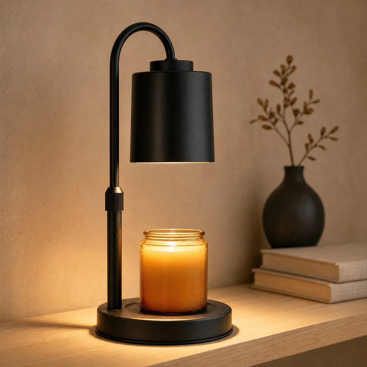 Cylinder Shade Candle Warmer Lamp (Black) on a shelf