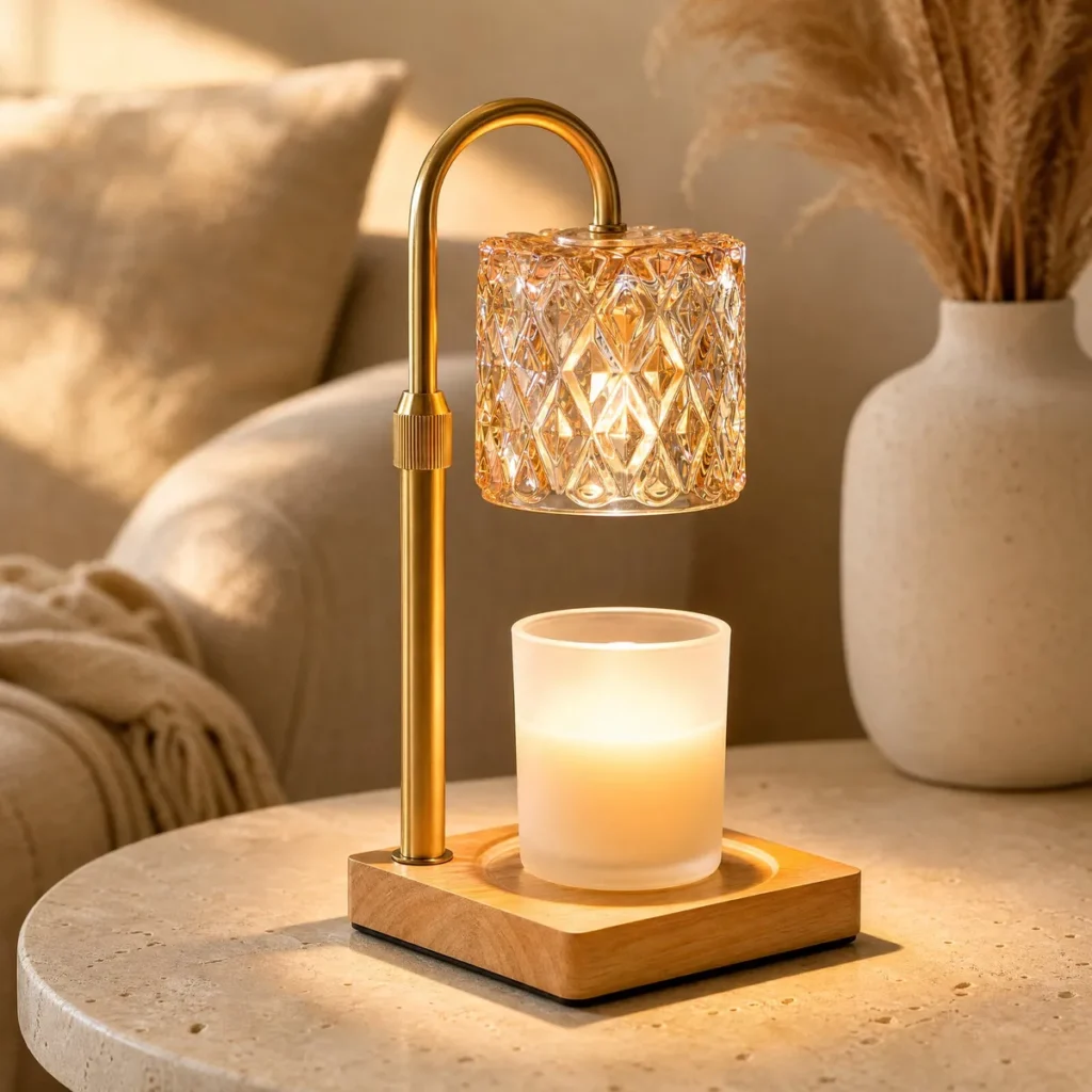 Drum Shade Diamond-Cut Candle Warmer Lamp (Gold / Amber) on a coffee table