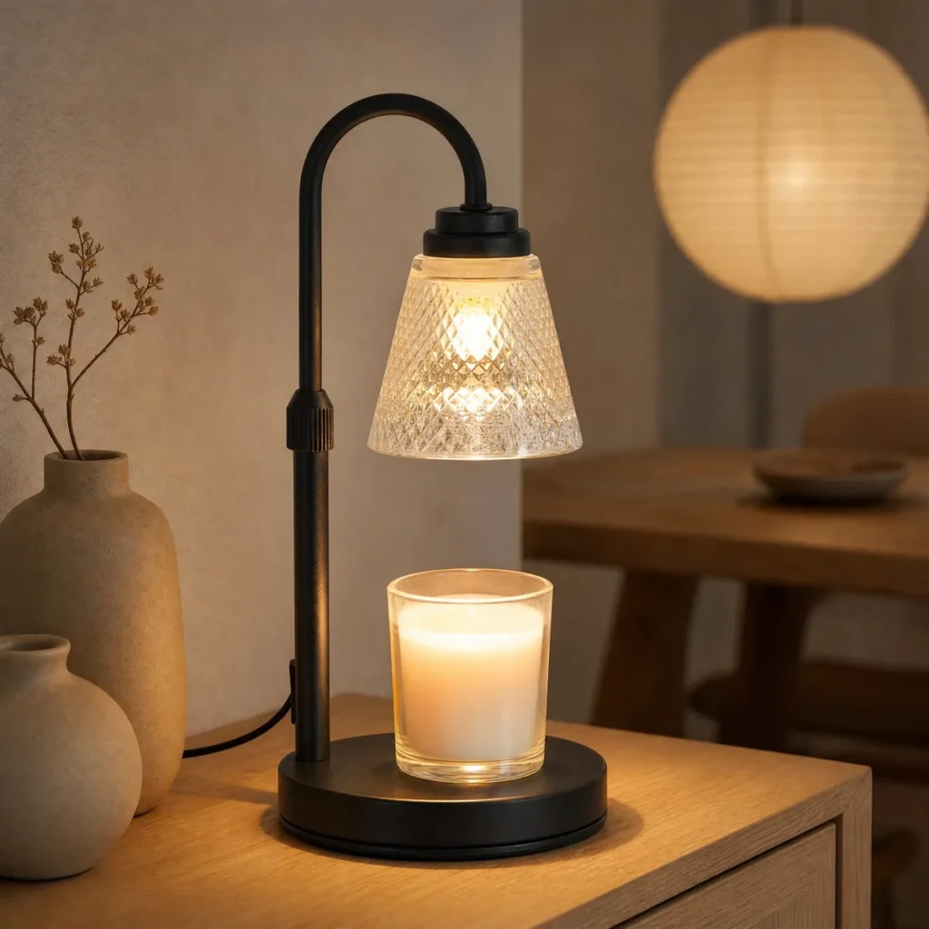Compact Diamond-Cut Glass Candle Warmer Lamp (Black / Clear Diamond) in a dining room