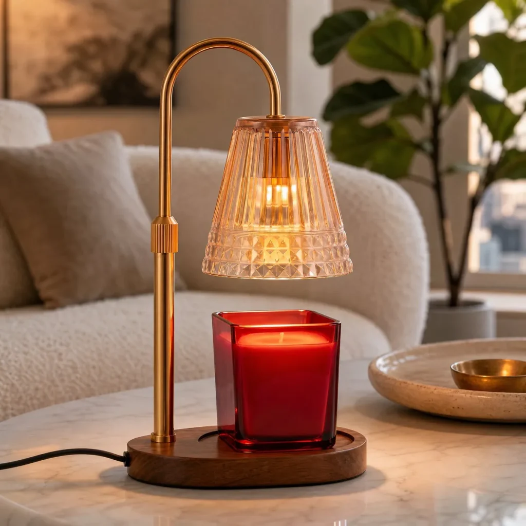Faceted Glass Candle Warmer Lamp (Honey Glass) on a coffee table