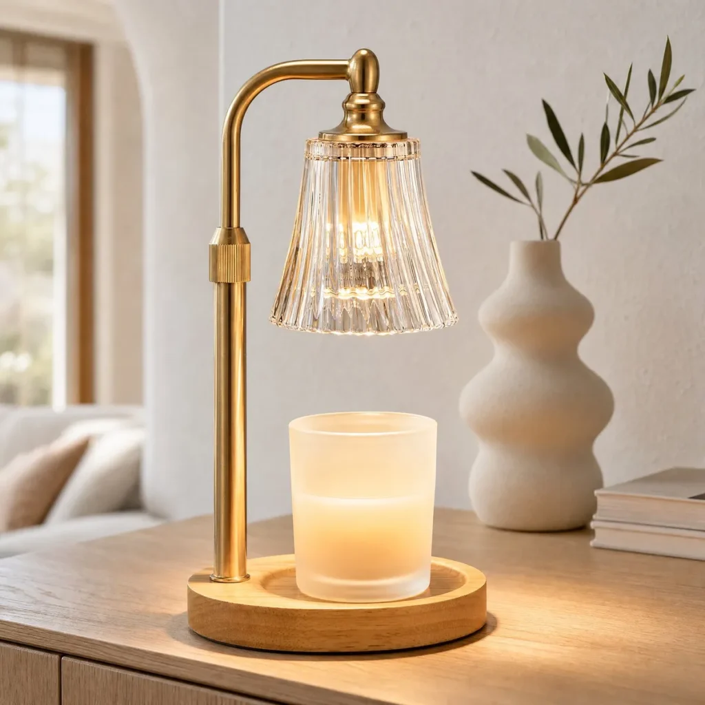 Fluted Glass Bell Candle Warmer Lamp (Brass / Clear Flared) on a sideboard