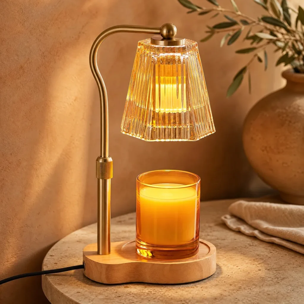 Fluted Glass Candle Warmer Lamp (Brass / Amber Fluted) at home