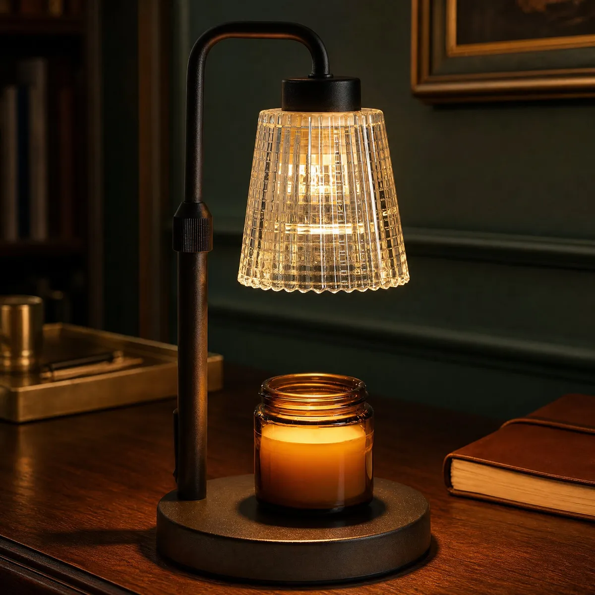 Grid-Cut Glass Candle Warmer Lamp (Black / Clear Glass) on a desk