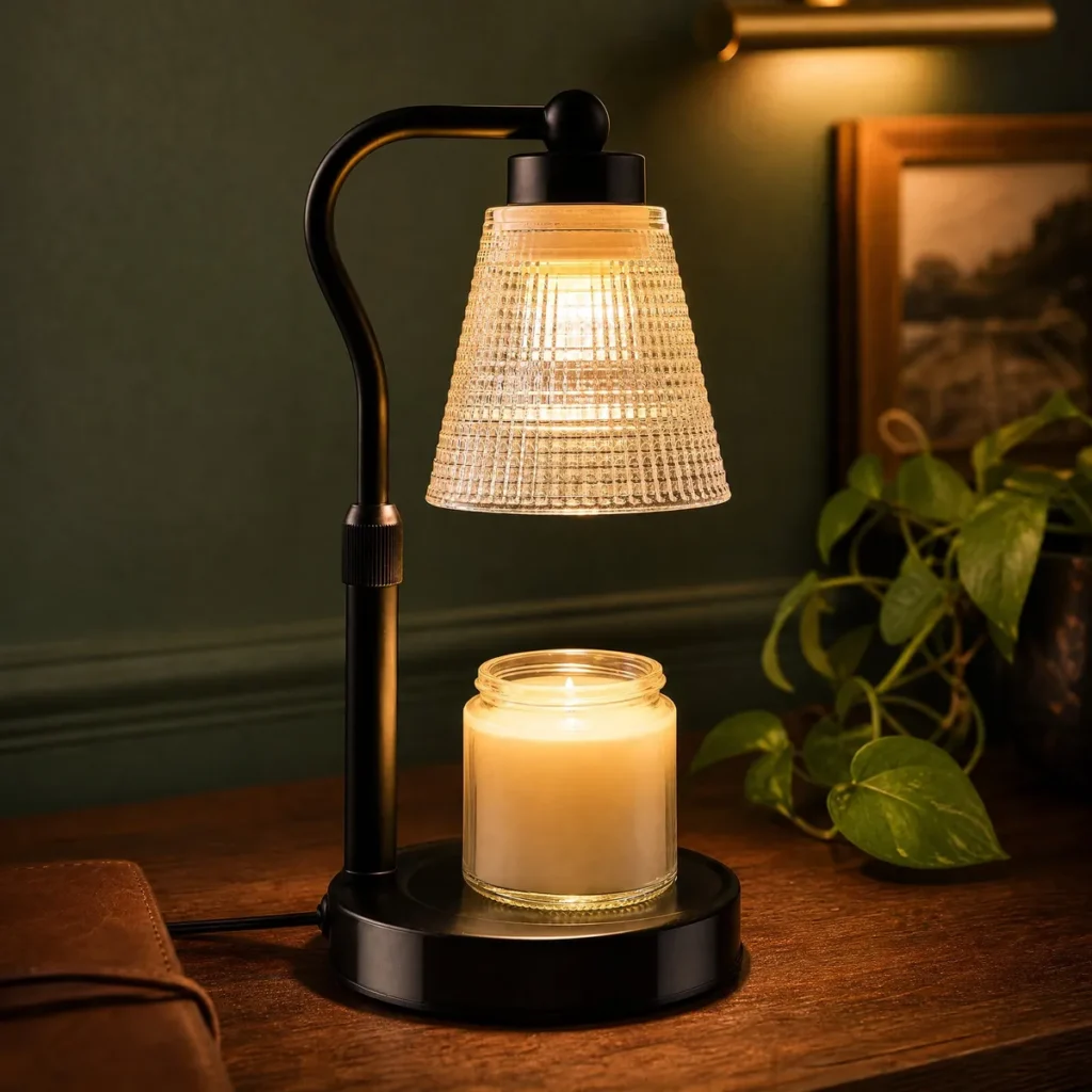 Grid Glass Crook Candle Warmer Lamp (Black / Clear Grid) on a sideboard
