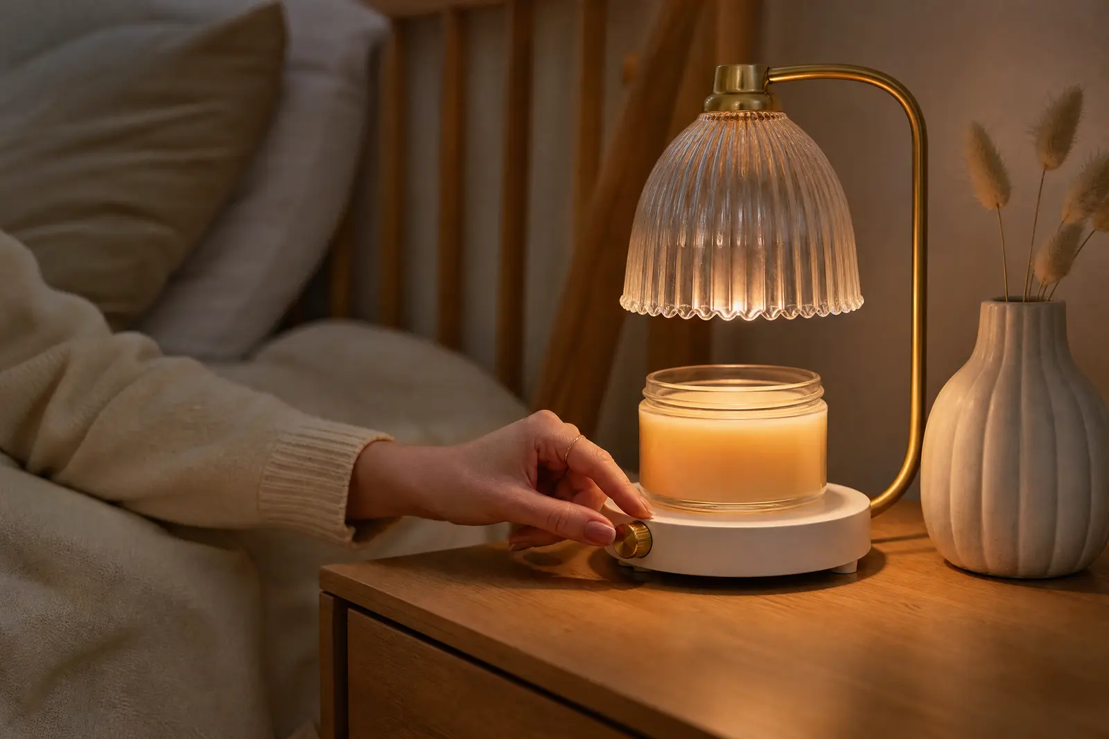 Hand turning the dimmer knob of a candle warmer lamp while a jar candle melts under the glass shade