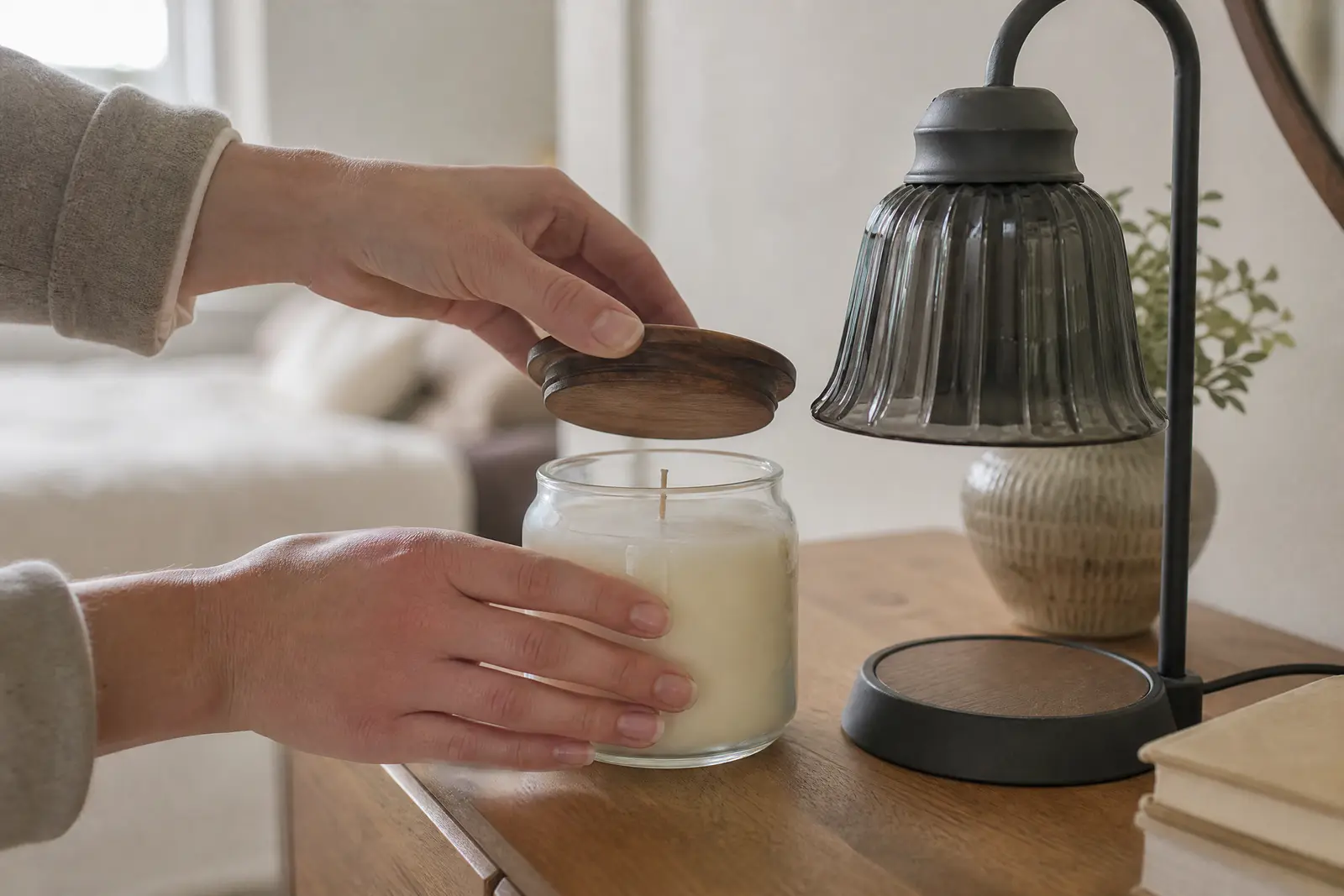 Hands putting a wooden lid back on a cooled jar candle next to a candle warmer lamp that is switched off