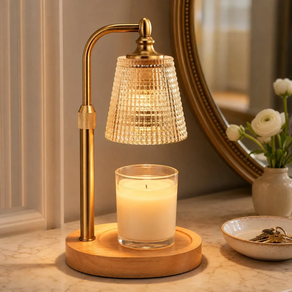 Hobnail Glass Candle Warmer Lamp (Gold / Amber Hobnail) on a console table