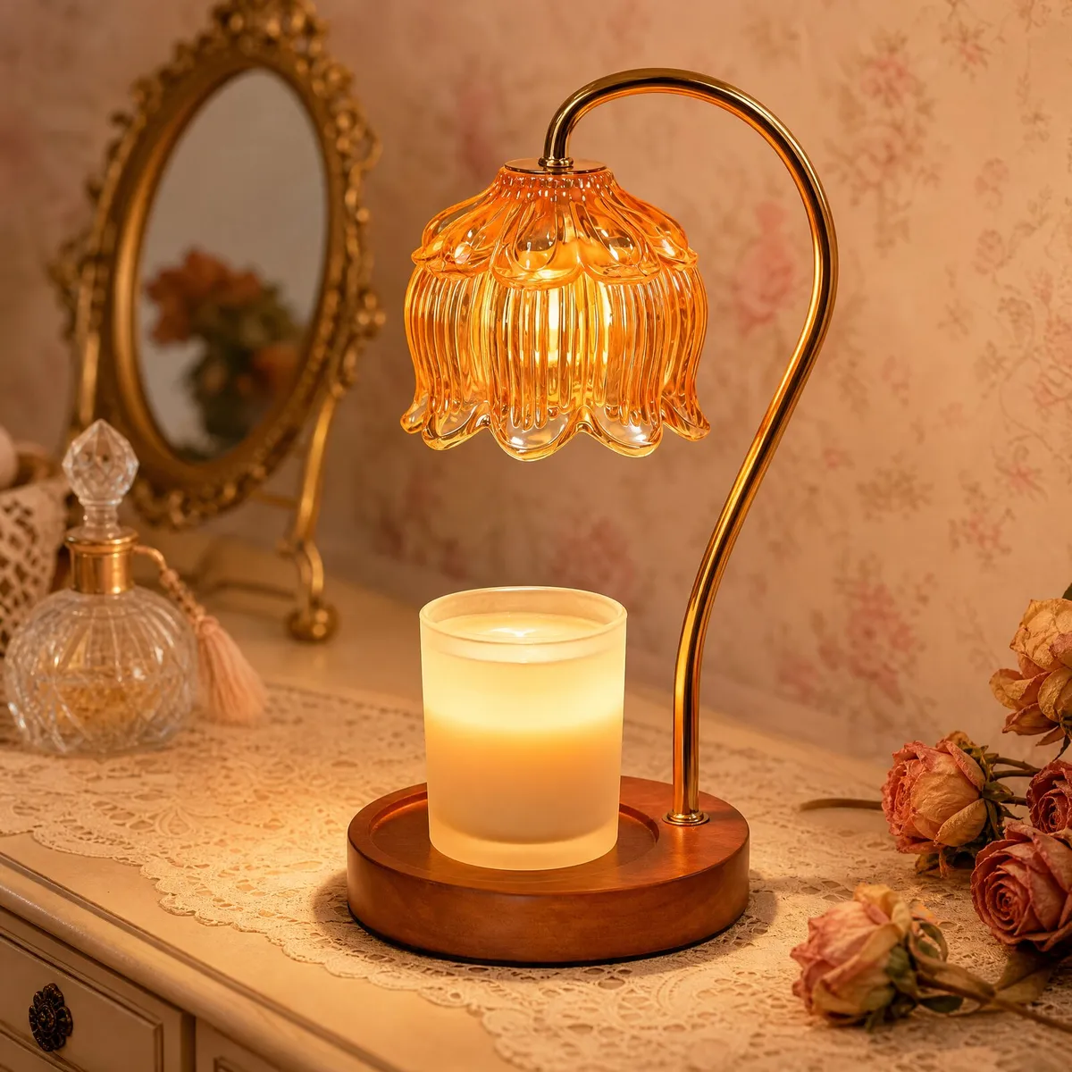 Glass Flower Candle Warmer Lamp (Amber Lily) on a vanity