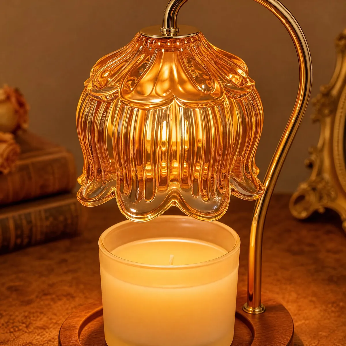 Close-up of the shade and candle on the Glass Flower Candle Warmer Lamp