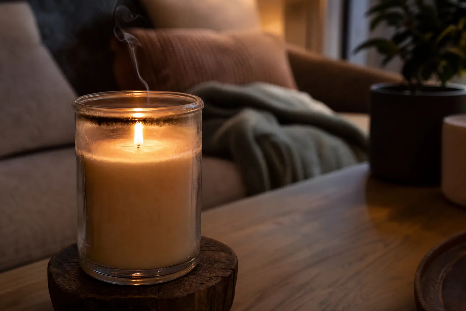 Lit jar candle with a flickering flame, a thin wisp of smoke and a black soot ring on the glass