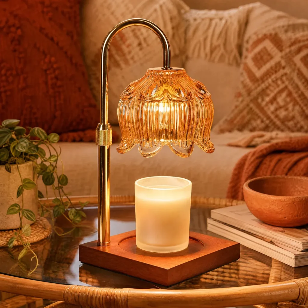 Flower Glass Candle Warmer Lamp (Gold / Amber Lotus) in a living room