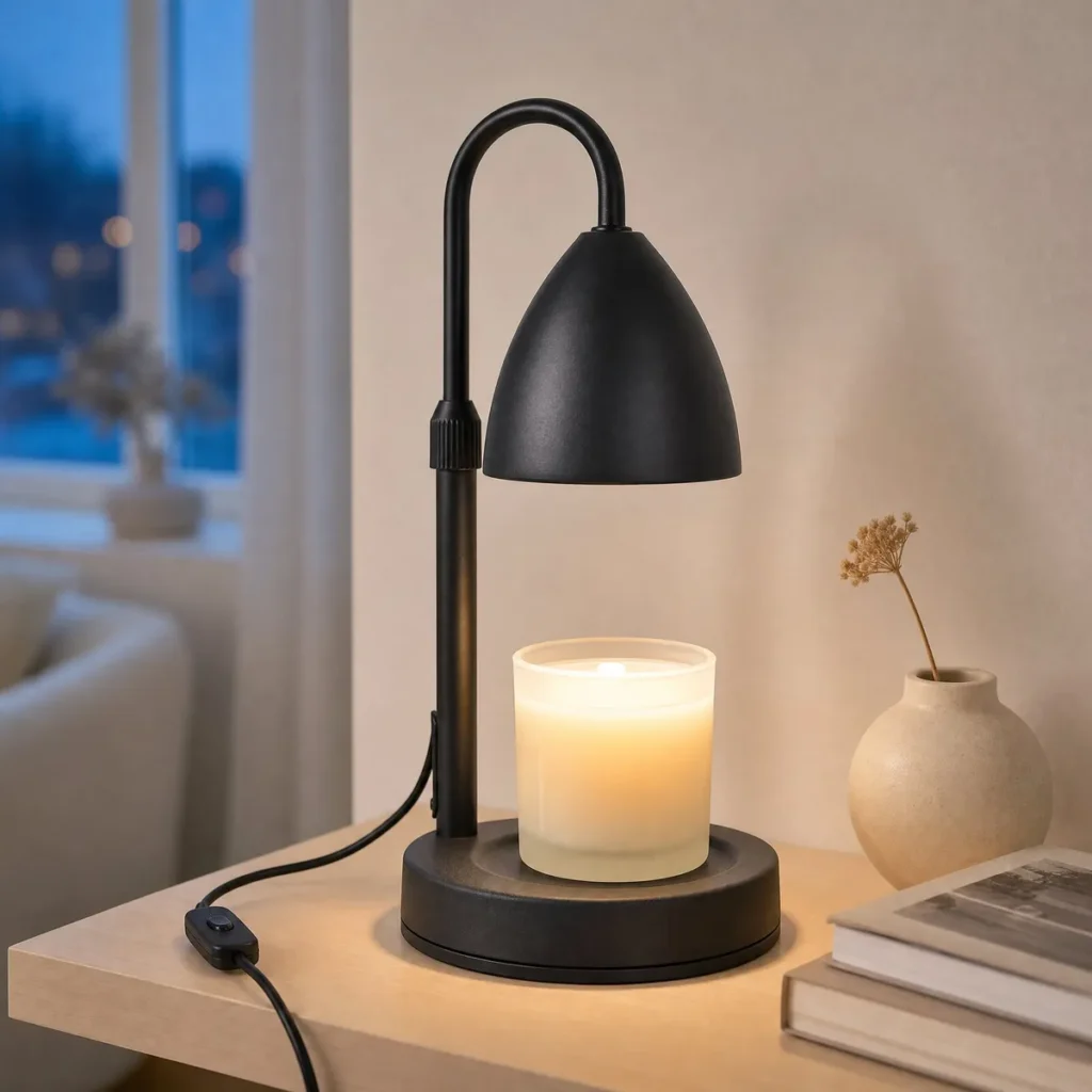 Hook Arm Candle Warmer Lamp (Black Metal Dome) on a shelf