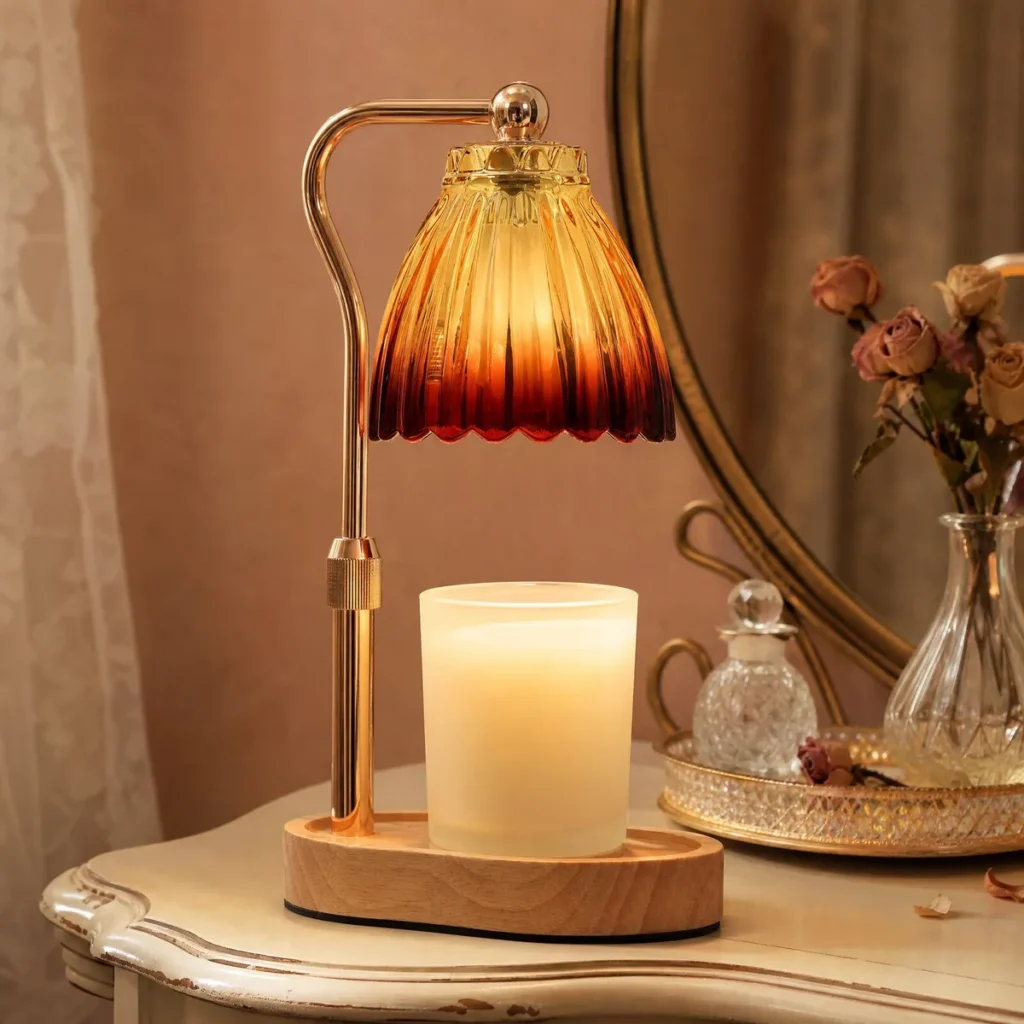 Vintage Glass Shade Candle Warmer Lamp (Rose Gold / Ombre Bell) on a dresser