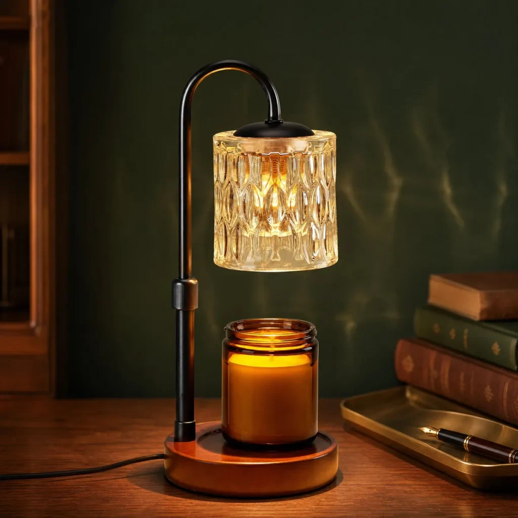 Cylinder Shade Candle Warmer Lamp (Black / Walnut / Clear) on a desk