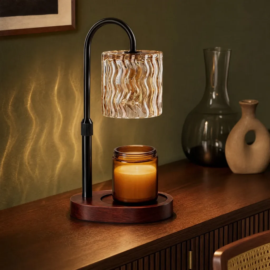 Gooseneck Glass Shade Candle Warmer Lamp (Black / Amber Ripple) in a dining room