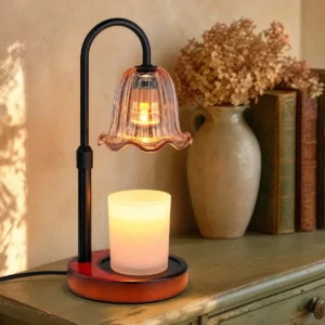 Ruffled Tulip Candle Warmer Lamp (Black / Amber Glass) on a console table