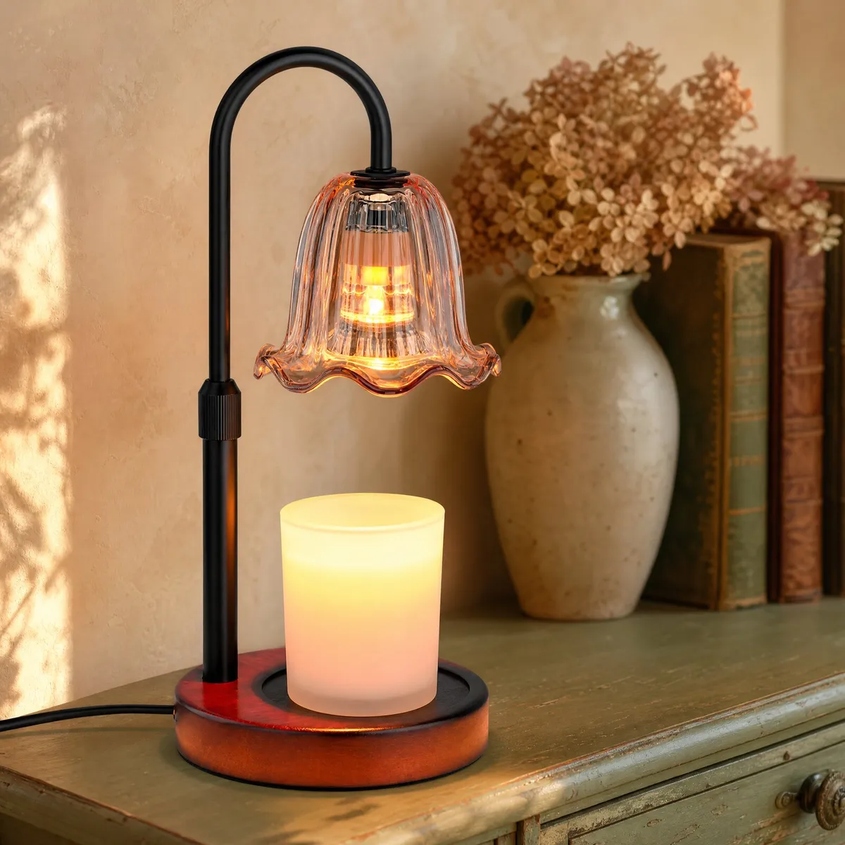 Ruffled Tulip Candle Warmer Lamp (Black / Amber Glass) on a console table