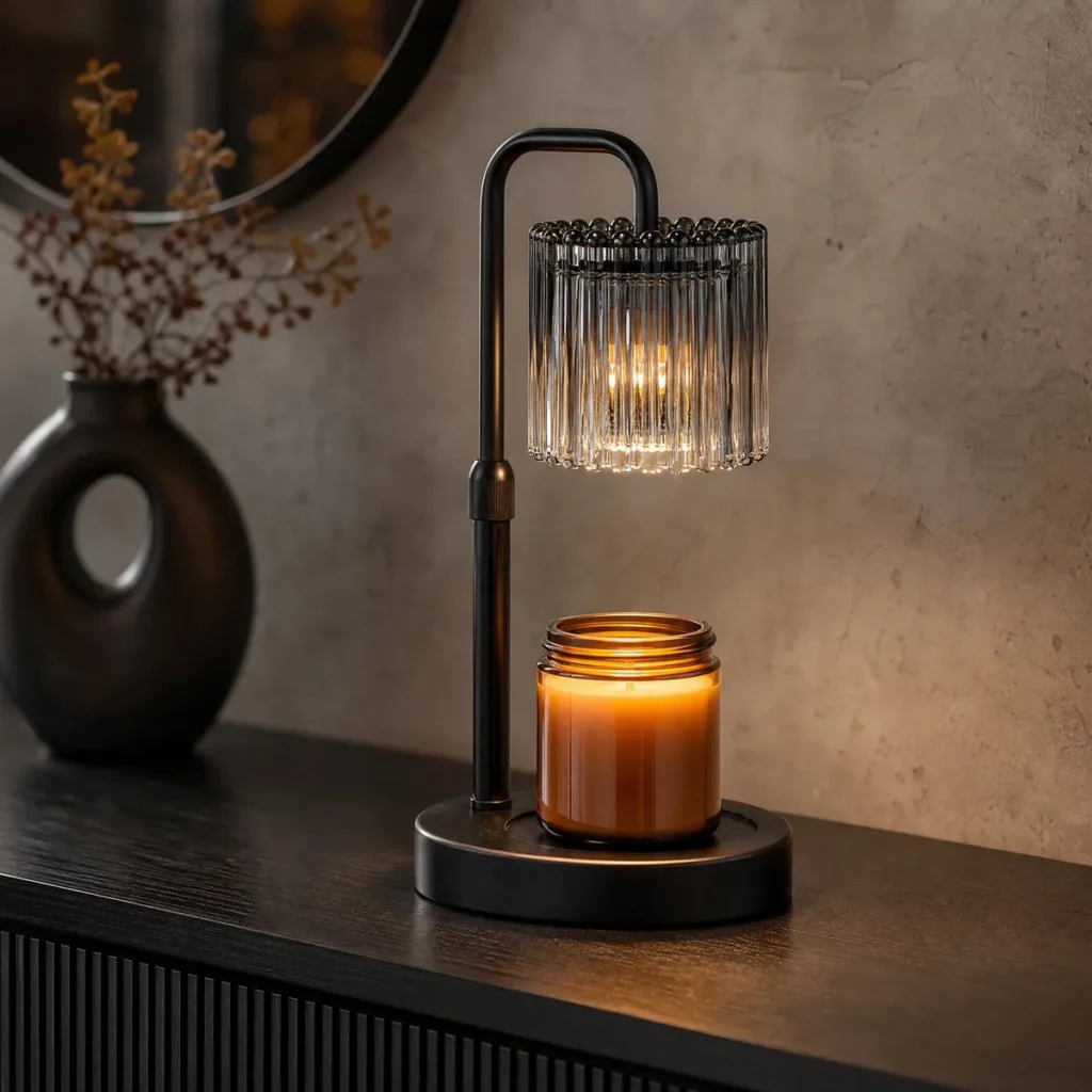 Striped Glass Candle Warmer Lamp (Black / Smoke Grey) in a entryway