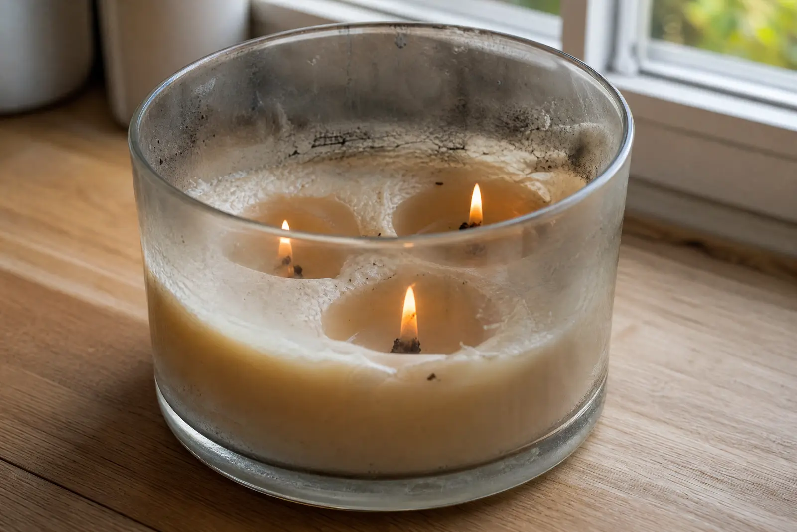 Burning three wick jar candle with deep tunnels and a thick ring of unmelted wax stuck to the glass
