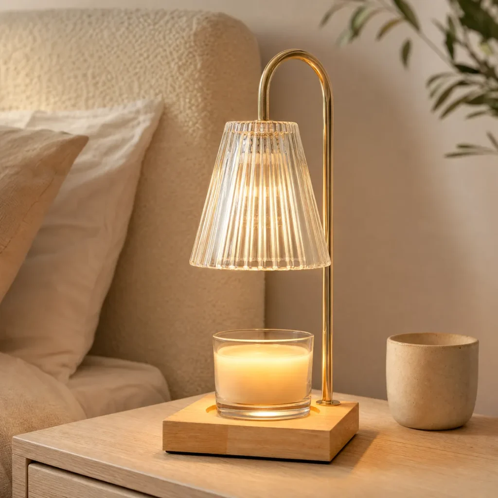 Vintage candle warmer lamp with clear ribbed glass shade on a nightstand