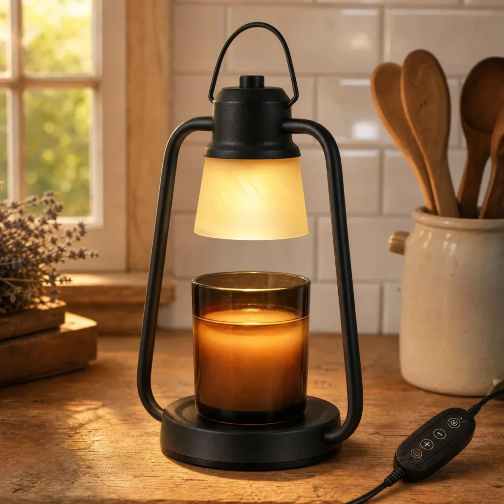 Farmhouse Black Candle Warmer Lamp (Black Lantern / Frosted) in a kitchen